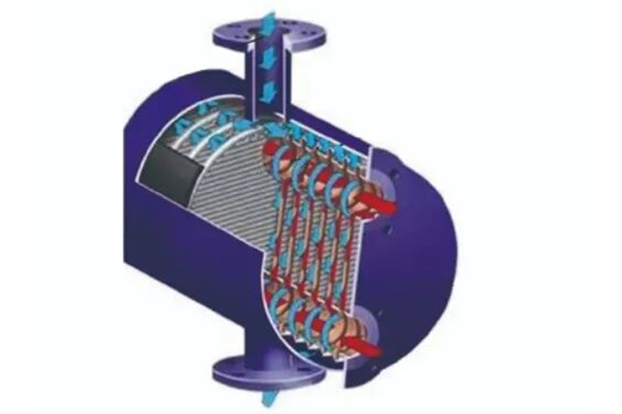  板壳式换热器冷流体（蓝色）和热流体（红色）流动示意图